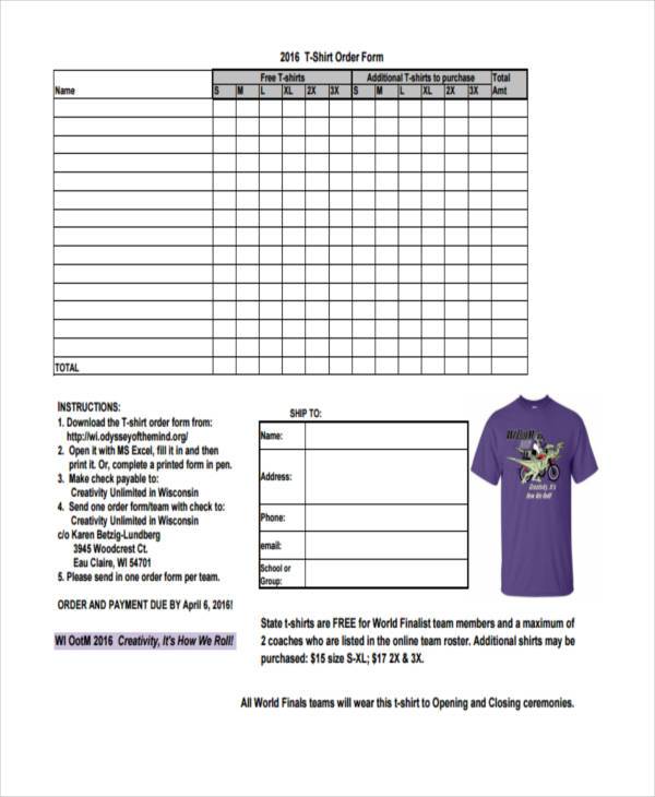 T shirt Order Forms Template Free