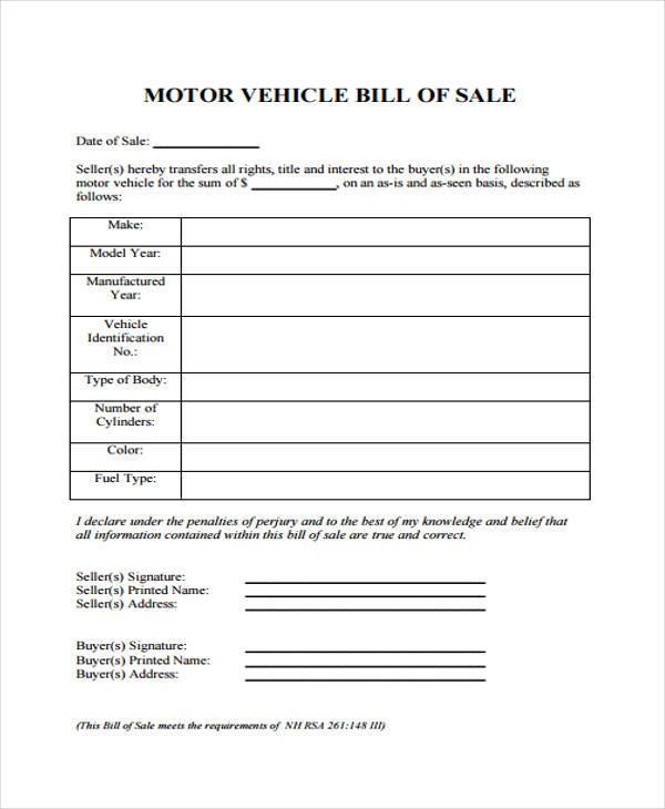 blank vehicle bill of sale