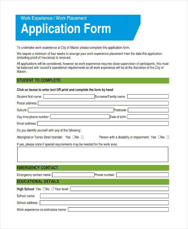 block work experience application form
