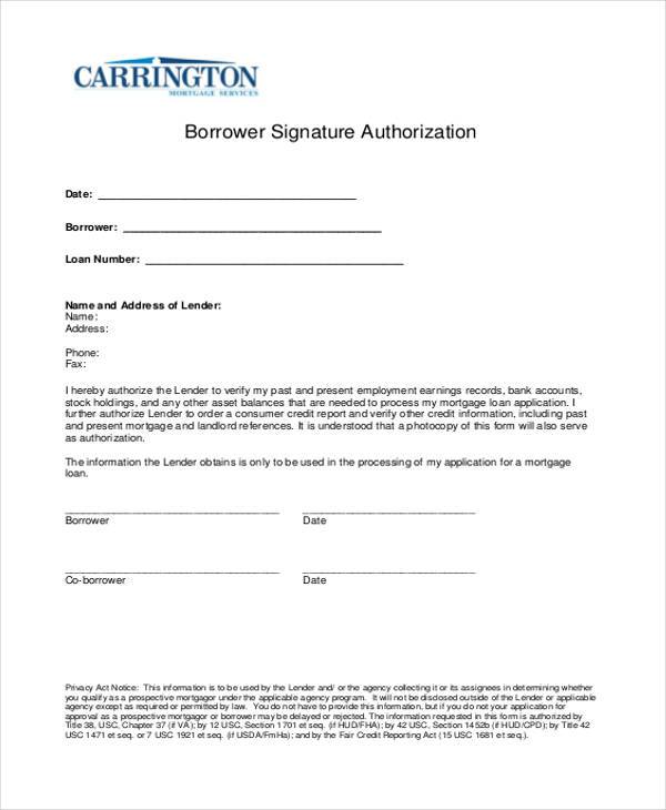 borrower signature authorization form