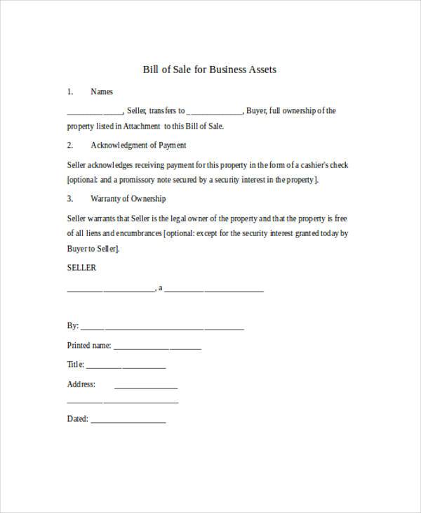 business assets bill of sale form