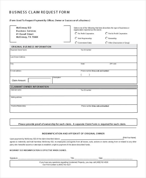 business claim request form