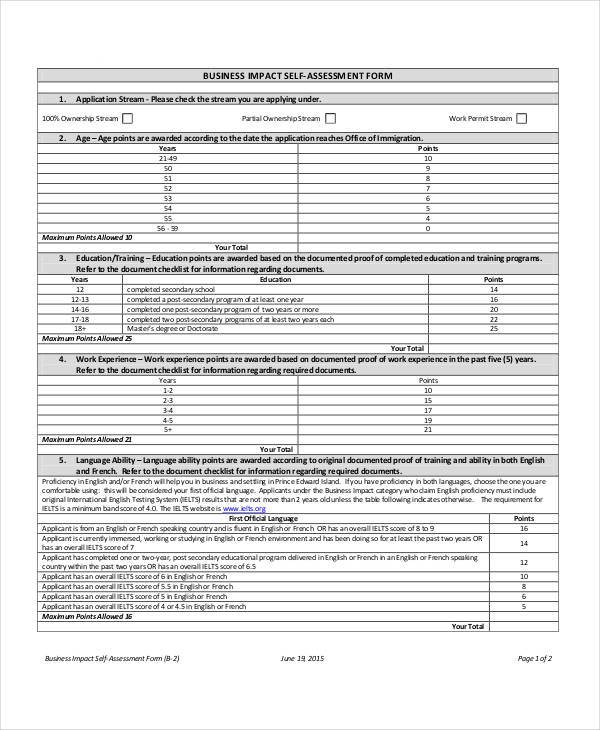 business impact self assessment form