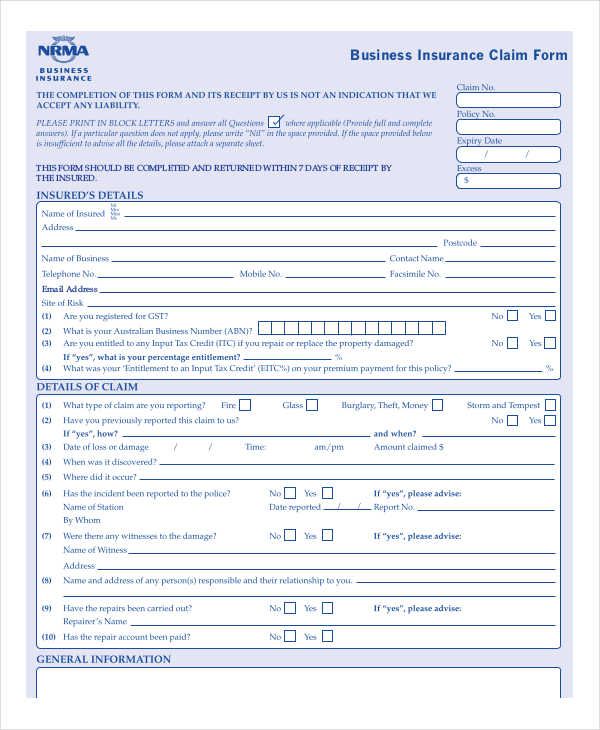 Insurance Claim Form Template