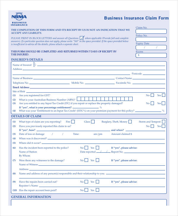 business insurance claim form