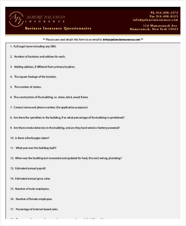 business insurance questionnaire form