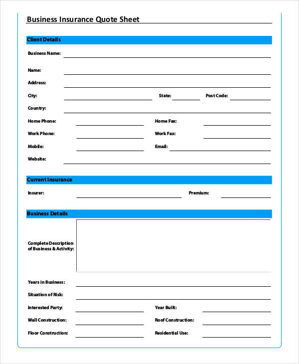 business insurance quote sheet form