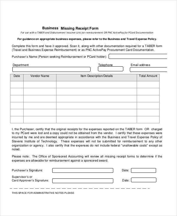 business missing receipt form