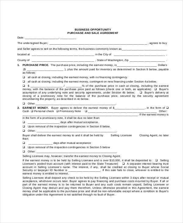 business opportunity purchase agreement form