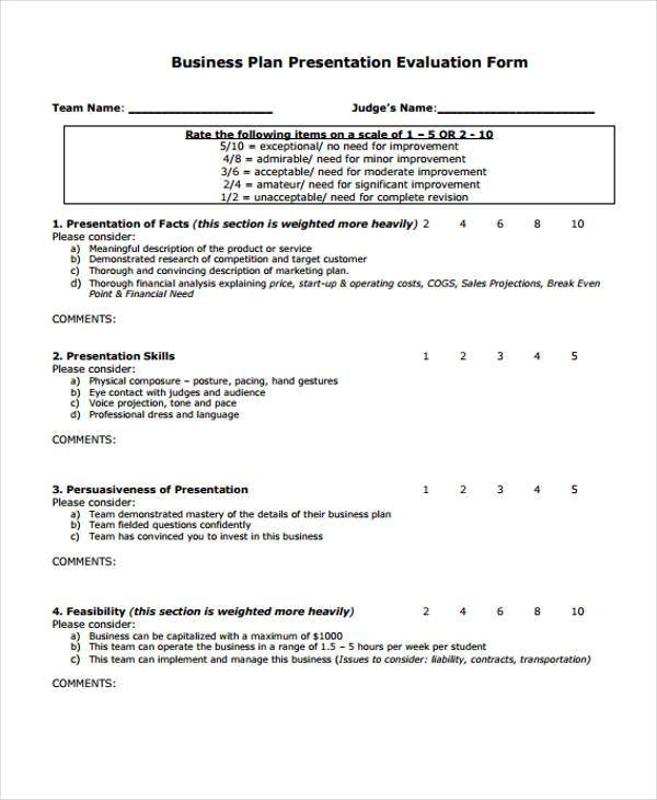 evaluation for business plan