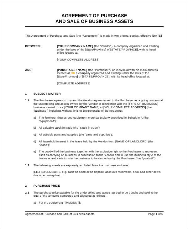 business sale purchase agreement form