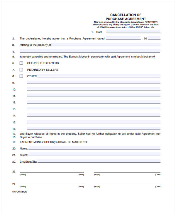 cancellation purchase agreement form example