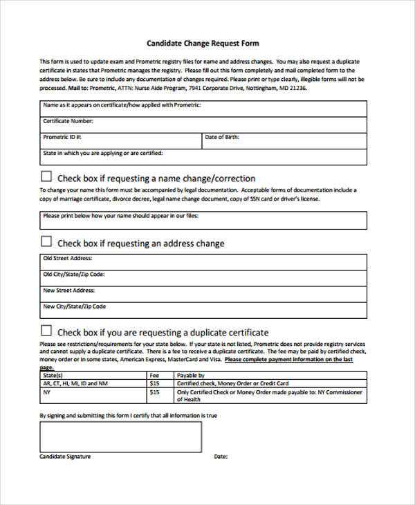 candidate change request form