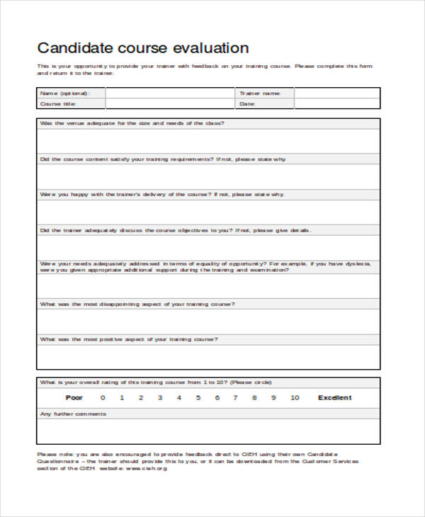 candidate course training evaluation form