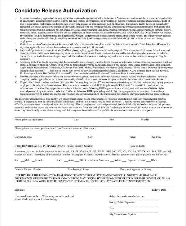 candidate release authorization form format