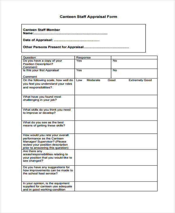 canteen staff appraisal form in pdf