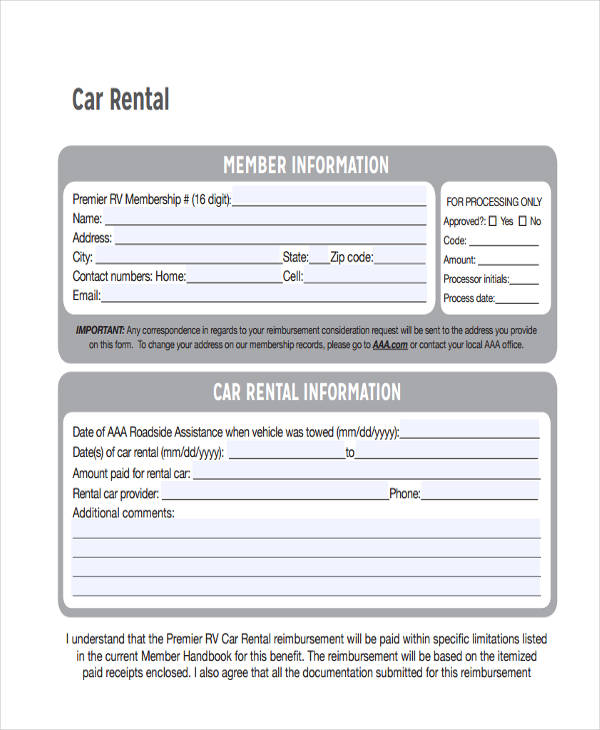 car rental receipt form