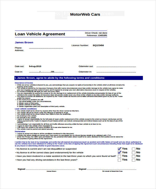 car vehicle loan agreement form