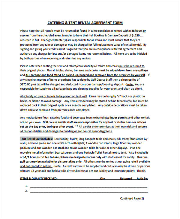 catering rental agreement form