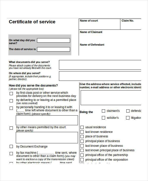 certificate service form