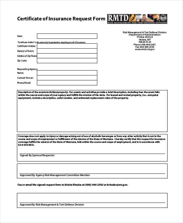 certificate of insurance request form template