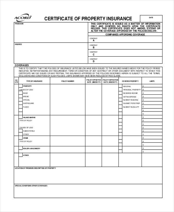 Certificate Of Insurance Form Template