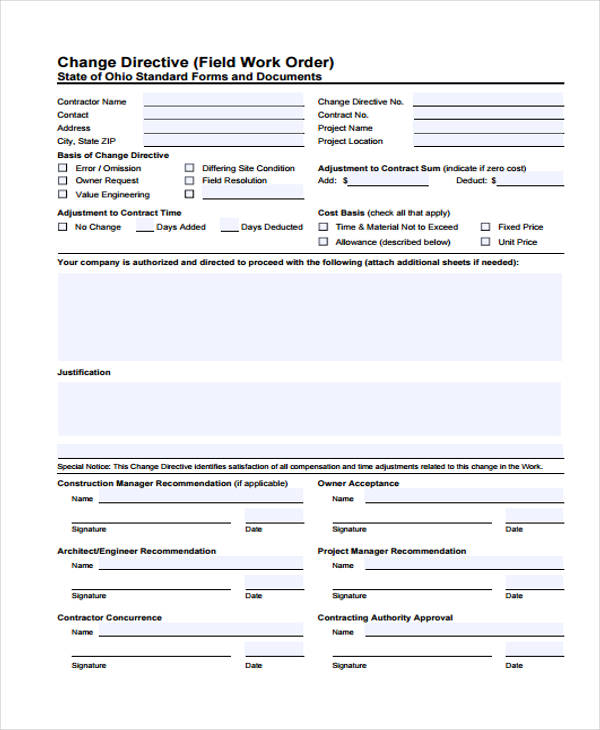change directive work order form