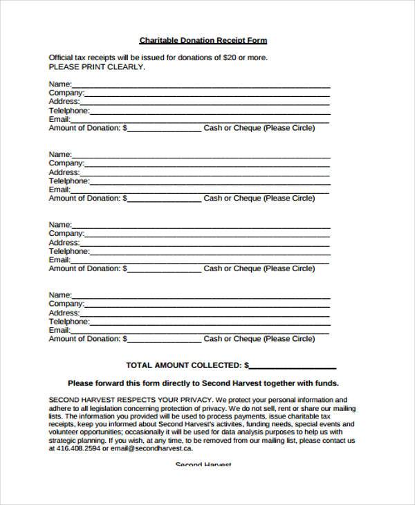 charitable donation receipt form