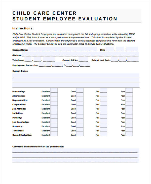 child care center employee evaluation form