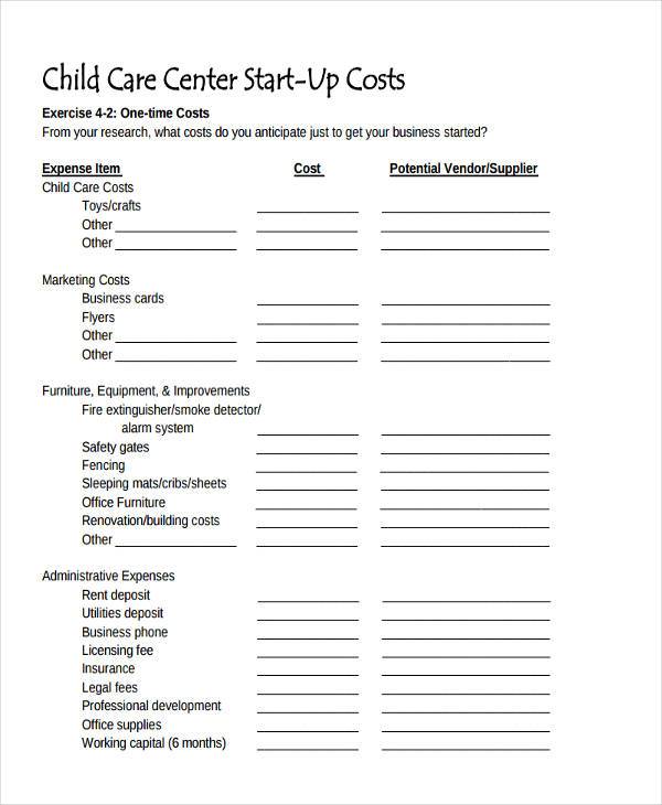 child care center start up cost form