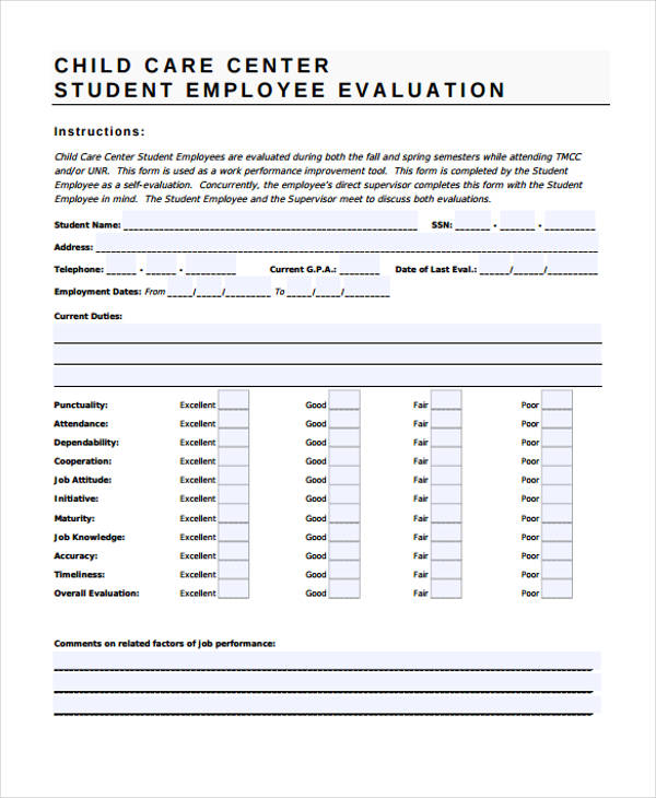 child care center student employee evaluation