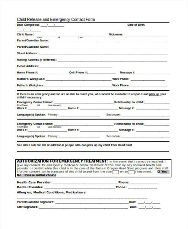 child care emergency contact form