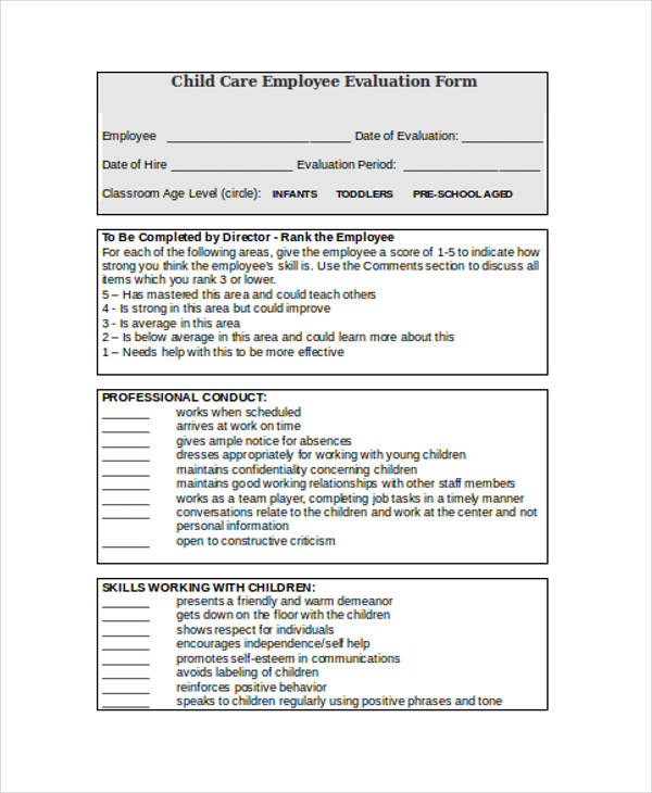 child care employee evaluation form