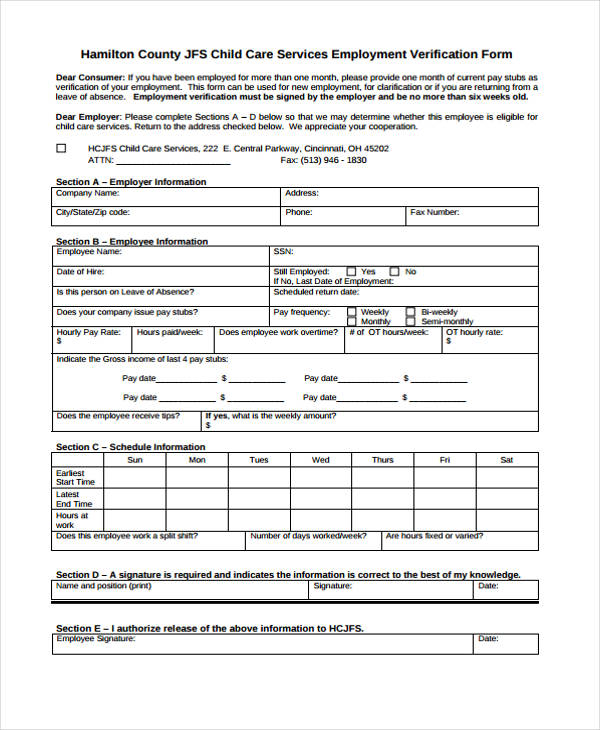 child care employment verification form sample