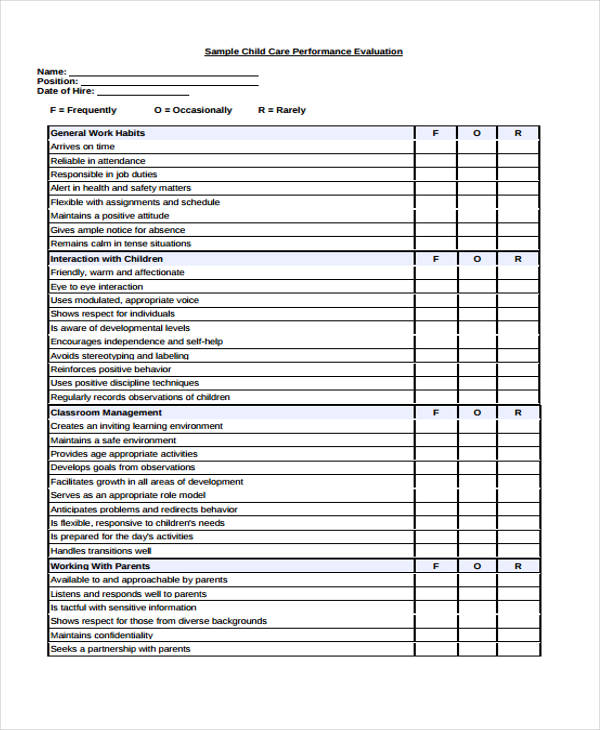 child care performance employee evaluation form