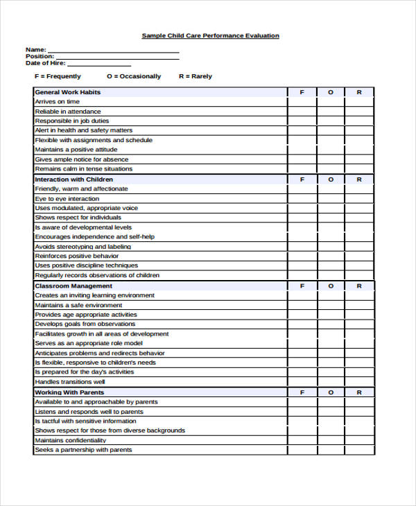 Sample staff appraisal form child care