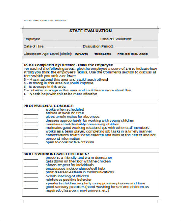 child care staff evaluation form