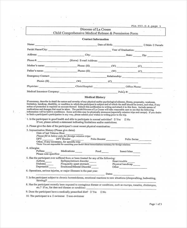 child comprehensive medical release form