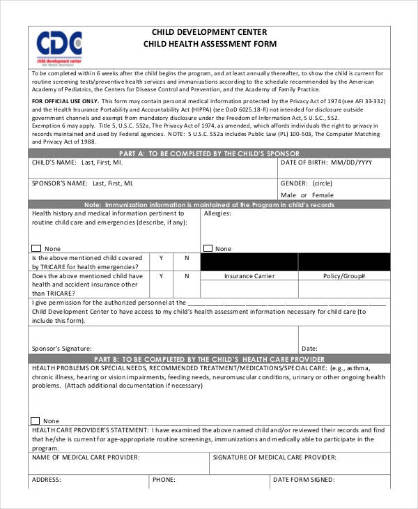 child development center health assessment form