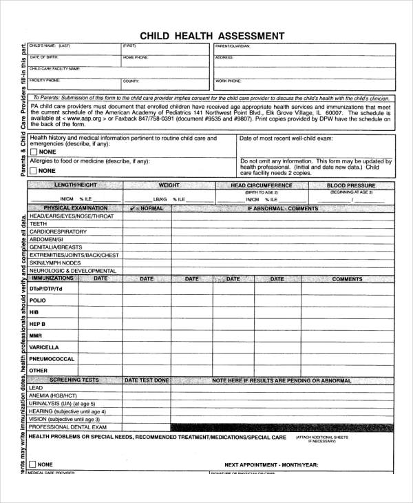 Printable Well Child Physical Exam Form