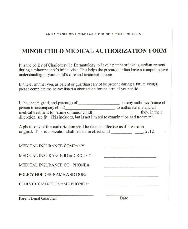 child medical authorization form format