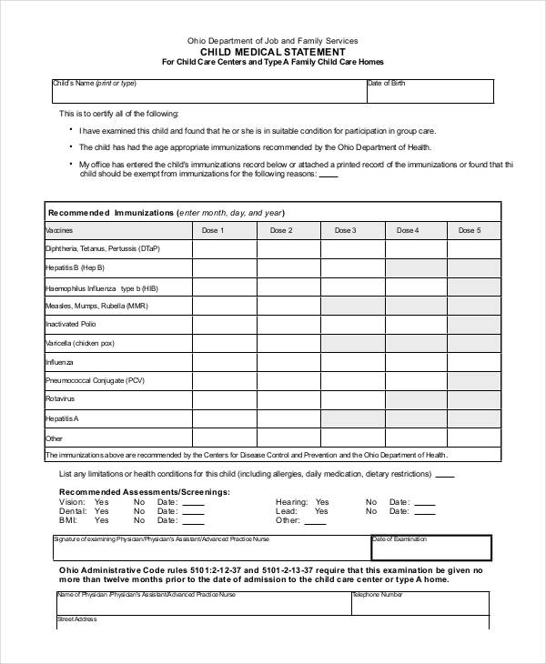 child medical statement form1