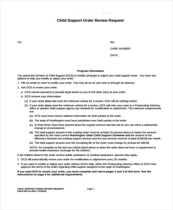 child support order review form