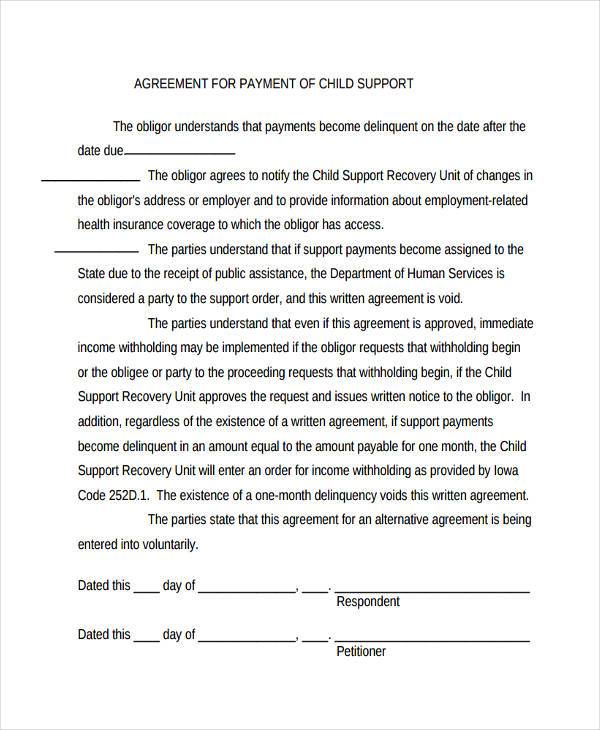 child support payment agreement form