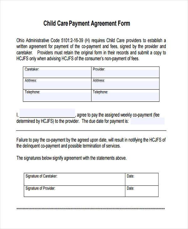 childcare payment agreement form 