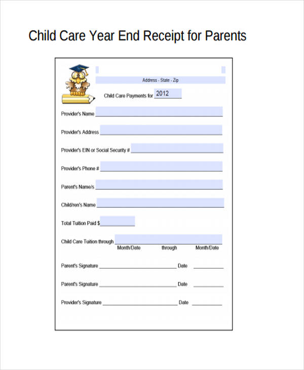 childcare year end receipt form
