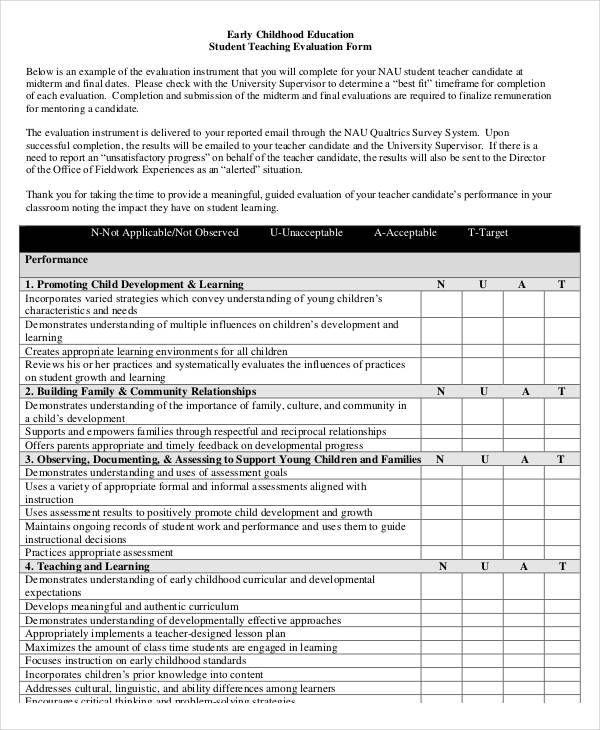 childhood education student teaching evaluation form