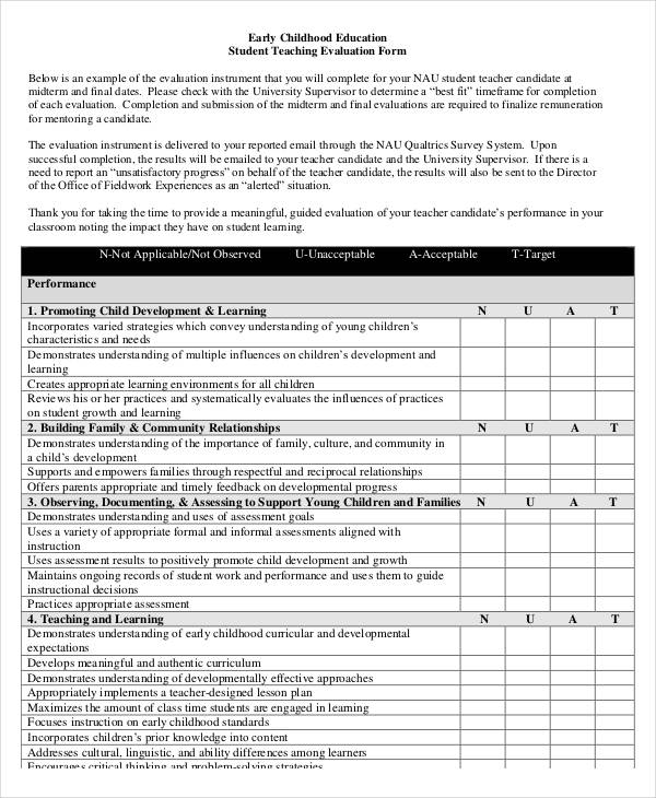 FREE 39 Student Evaluation Forms In PDF Excel MS Word   Childhood Education Student Teaching Evaluation Form 