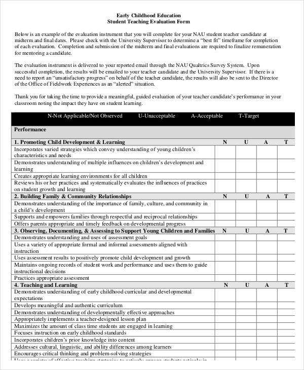 childhood education teacher evaluation form