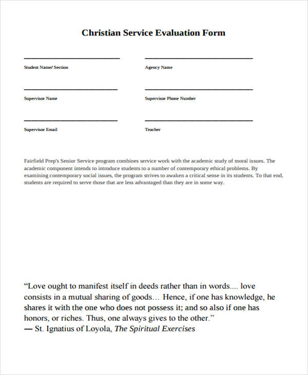 christian student service evaluation form